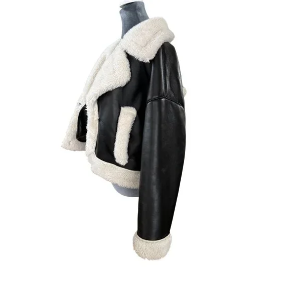 Abercrombie & Fitch Womens Black Vegan Leather Sherpa-Lined Aviator Jacket Size - Picture 4 of 7